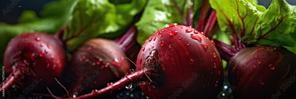 Closeup of Fresh beetroot vegetables with water drops over it.