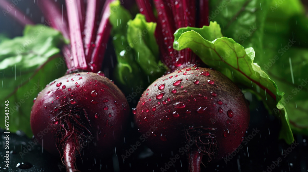 Closeup of Fresh beetroot vegetables with water drops over it.