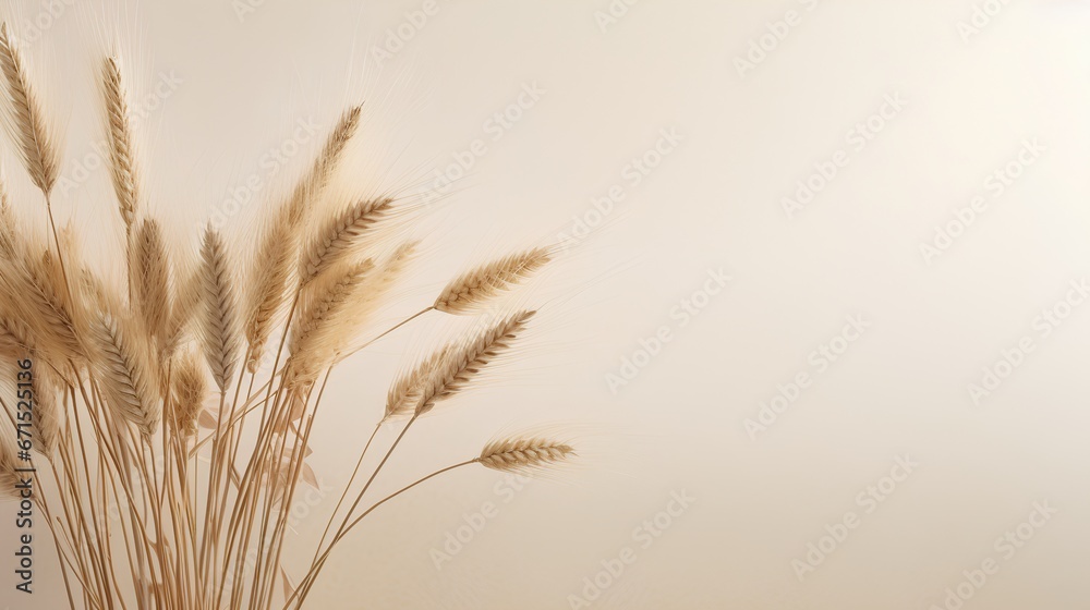 Soft wheat grasses on empty beige wall background. Calming beige hues. Neutral tones and minimalist aesthetic serene scene. The crop grass with natural elegance and simplicity.