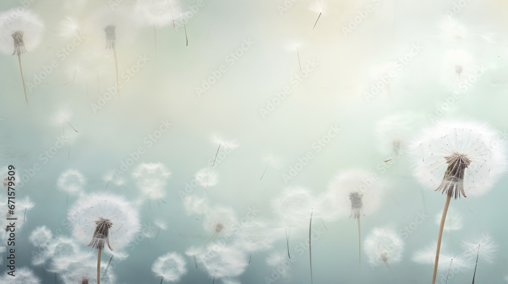 Dandelion fluff background for aesthetic minimalism style background. Neutral and pastel color wallpaper with elegant and light flying fluffs. Fragile, lightweight and beautiful nature backdrop.