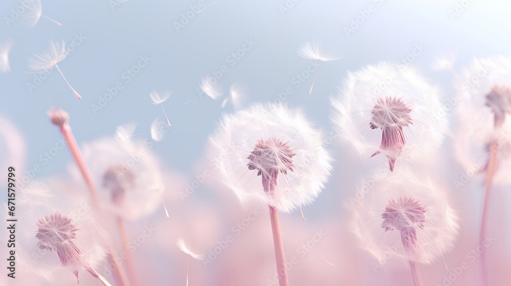 Dandelion fluff background for aesthetic minimalism style background. Light blue color wallpaper with elegant and light flying fluffs on empty wall. Fragile, lightweight and beautiful nature backdrop.