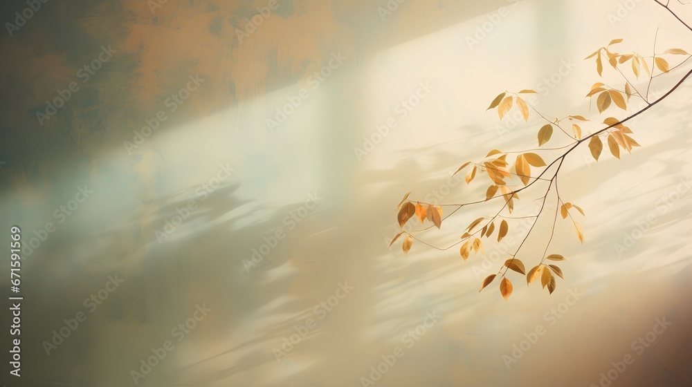 Painting of light reflection on wall with branch. Watercolor pastel colors aesthetic minimalism background with neutral style. Empty wall with color gradients as elegant and simple backdrop