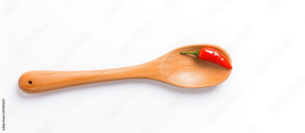 A wooden spoon filled with paprika is shown from above set apart on a white background with a limited depth of focus