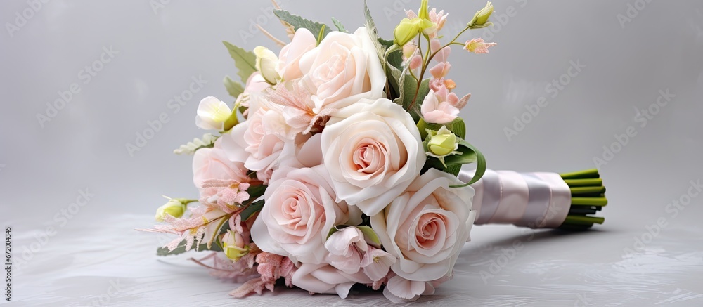 A close up image displaying a romantic wedding or celebratory bouquet against a light gray backdrop with a focus on specific details