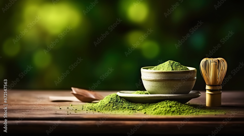 Closeup of matcha tea powder in a wooden plate with whisk on dark background, side view, copy space. Generative AI