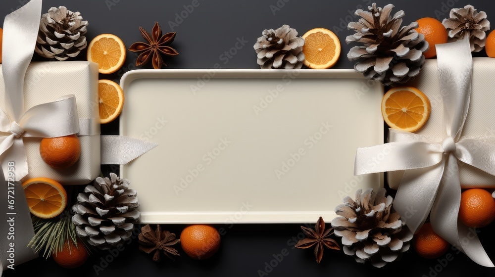White frame Christmas background, New Years decor with two gift box, for branches, pine cones and slices of dry orange.