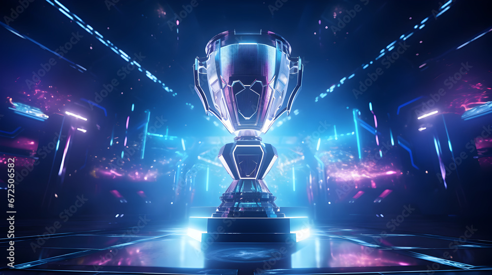 The esports winner trophy standing on the stage in the middle of the arena of the computer video game championship. winner