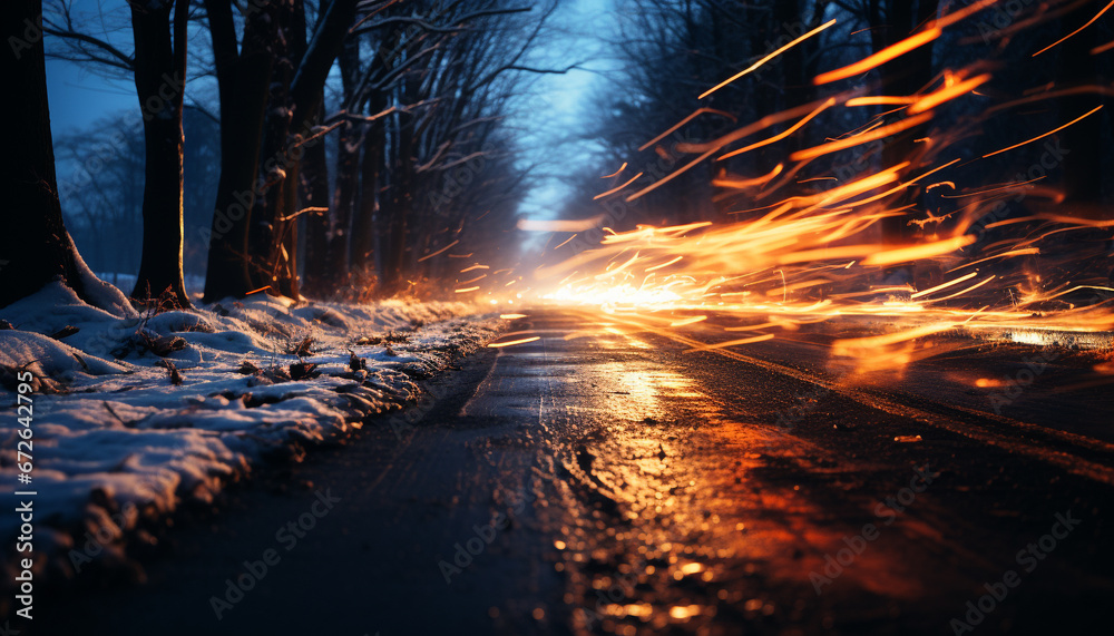 Night forest, car speed, dark blur motion, landscape motion, traffic dusk generated by AI