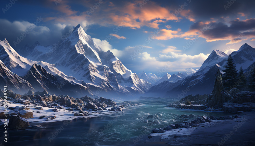 Majestic mountain peak reflects in tranquil icy water, winter landscape generated by AI