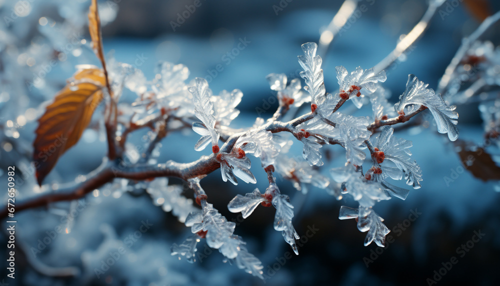 The winter tree branch holds the frozen beauty of nature generated by AI