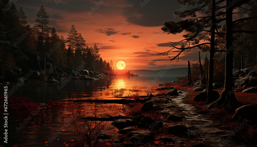 Tranquil scene  sunset paints nature beauty, reflecting on tranquil pond generated by AI