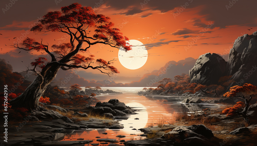 Tranquil sunset paints nature beauty with orange skies and reflection generated by AI