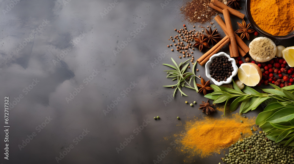 Herbal spiced and powdered foods that aid stress management and support the body s functions On a speckled gray background With copyspace for text
