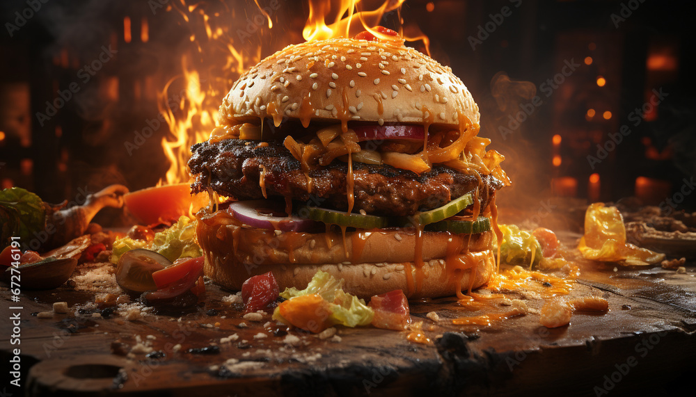 Grilled beef burger, gourmet meal, flame grilled for freshness generated by AI