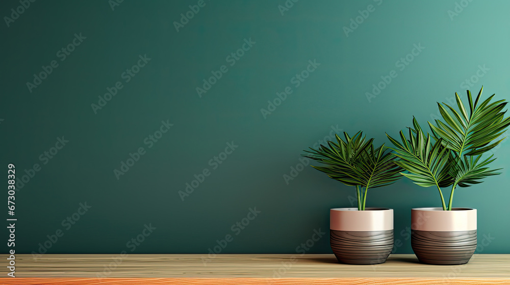 green plant on the woofen table on green wall background,  design for product presentation background. mock up,Minimal cozy counter mockup