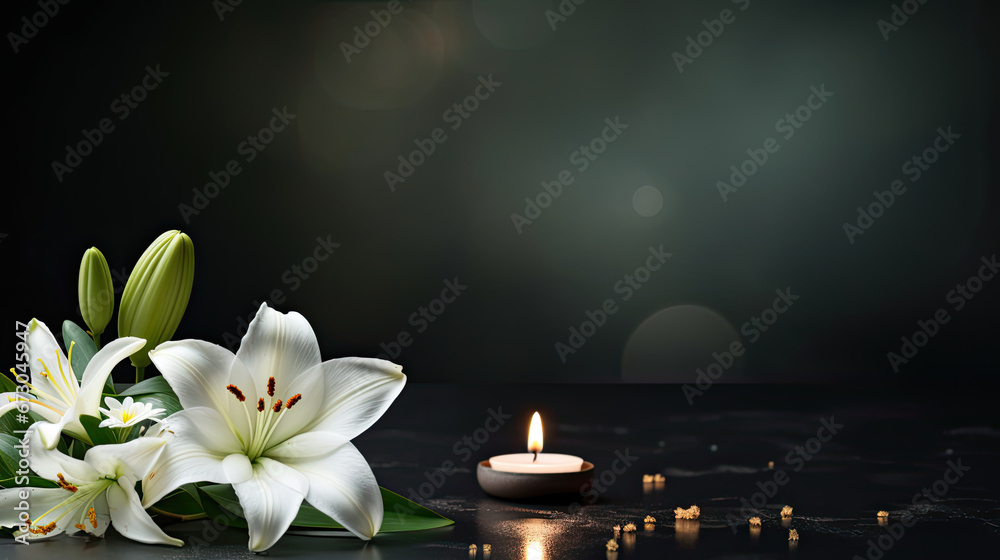Beautiful lily and burning candle on dark background with space for text
