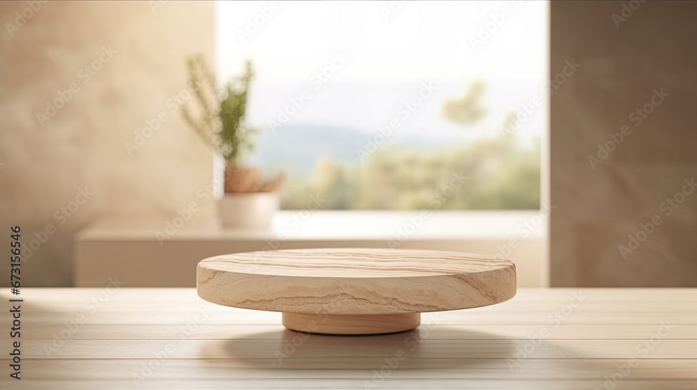 Travertine empty round podium on blurred  bathroom interior with plants and towels. Scene stage showcase for beauty and spa products, cosmetics, promotion sale or advertising, mock up