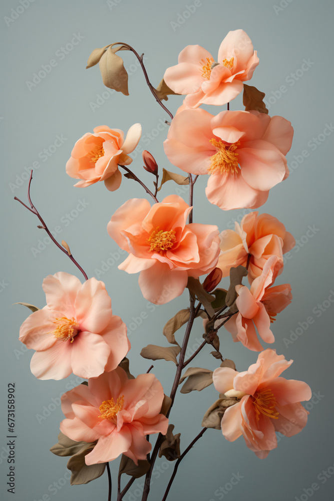 Sprigs of peach flowers arranged against a muted grey background. Floral beauty concept. Peach Fuzz 