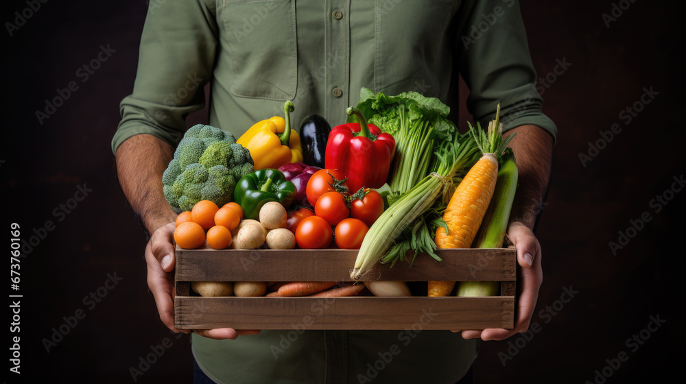 Farmer woman holding wooden box full of fresh raw vegetables. Basket with vegetable cabbage, carrots, cucumbers, radish, corn, garlic and peppers in the hands.