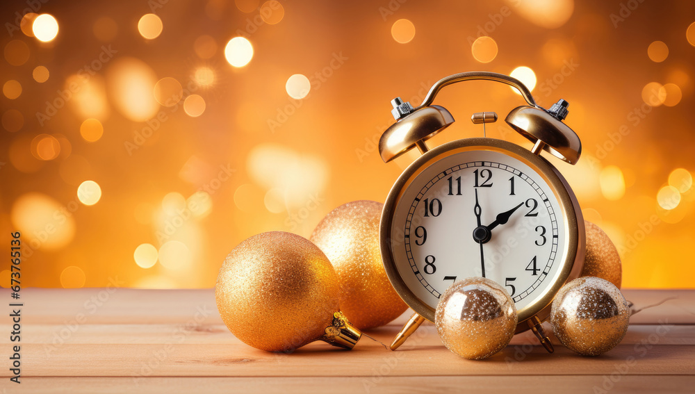 christmas alarm clock set to five to midnight on decorated table on gold bokeh background. Happy New Year , copy space