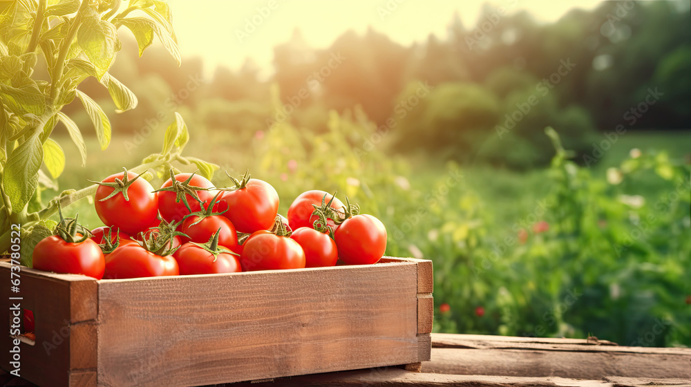 juicy Ripe red tomatoes in a wicker basket on a natural background.Harvesting tomatoes.