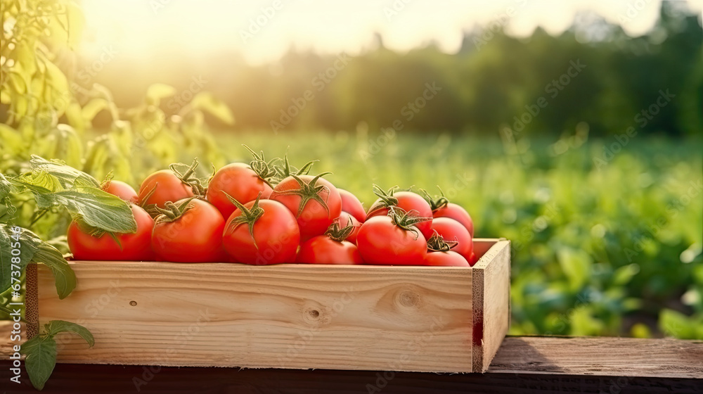 juicy Ripe red tomatoes in a wicker basket on a natural background.Harvesting tomatoes.
