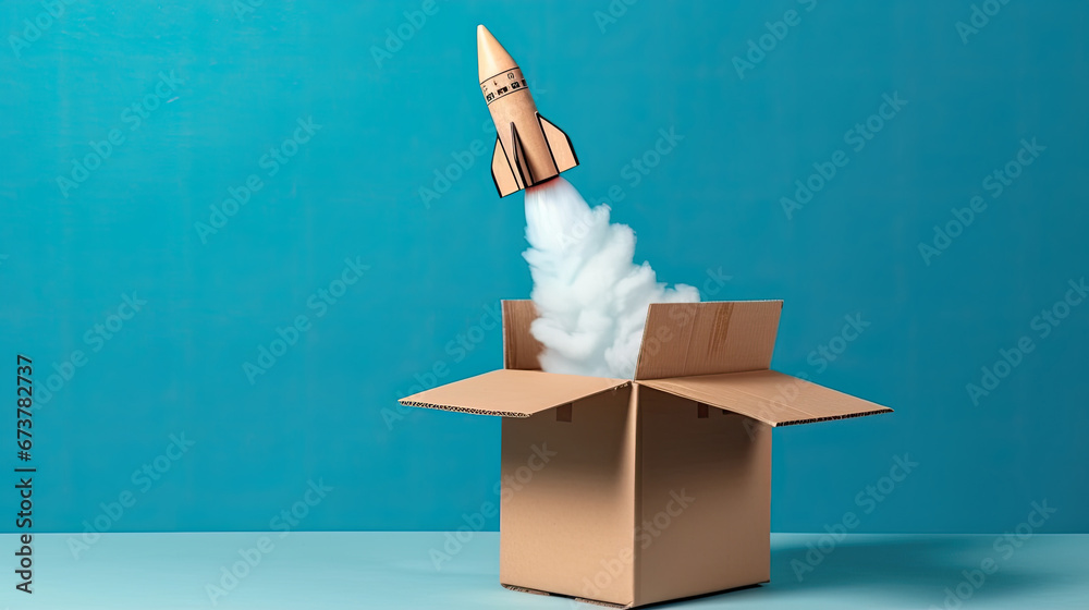 Rocket taking off from cardboard box on blue background