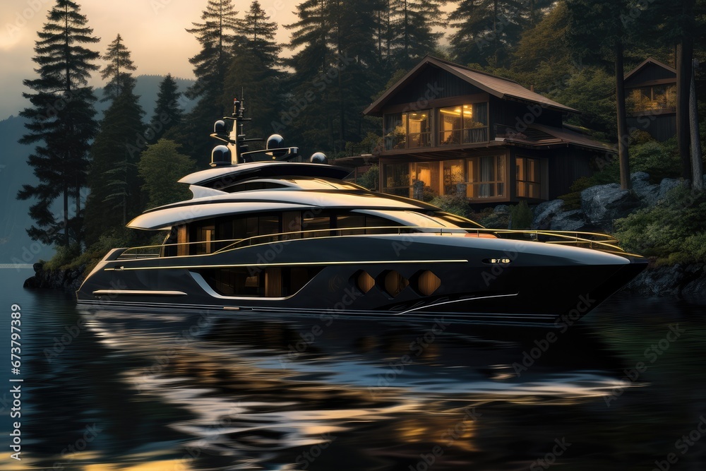 Elegant and modern black yacht sits in water next to a house.