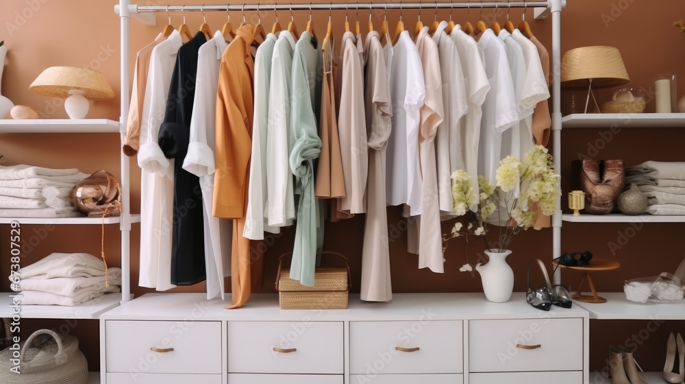 Clothing on rack, Rack with different stylish clothes, shelving unit, Wardrobe.
