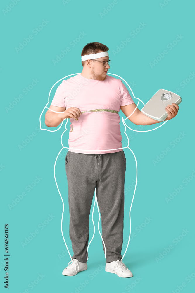 Chubby man with scales and measuring tape on color background. Weight loss concept