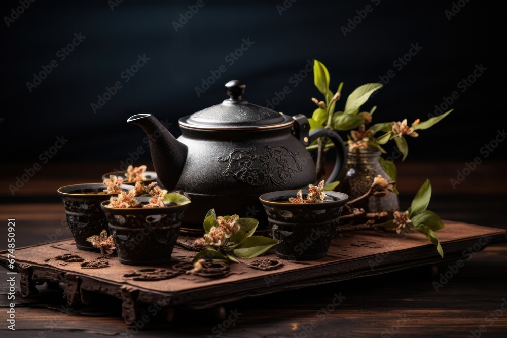 a black teapot sits on top of stones with smoke coming out of it