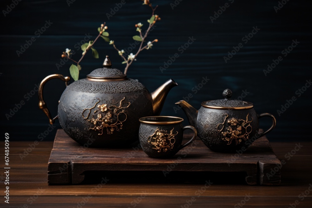a black teapot sits on top of stones with smoke coming out of it
