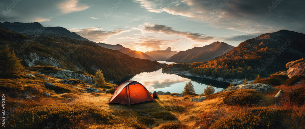 camping scene with tent on beautiful mountains and lake