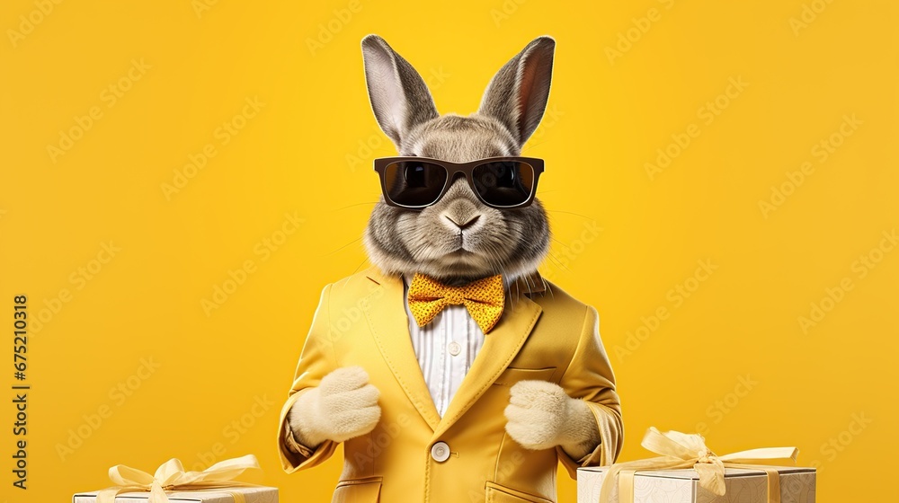 Beautifull rabbit with sunglasses holding an giftbox in hand on yellow background, Generative Ai