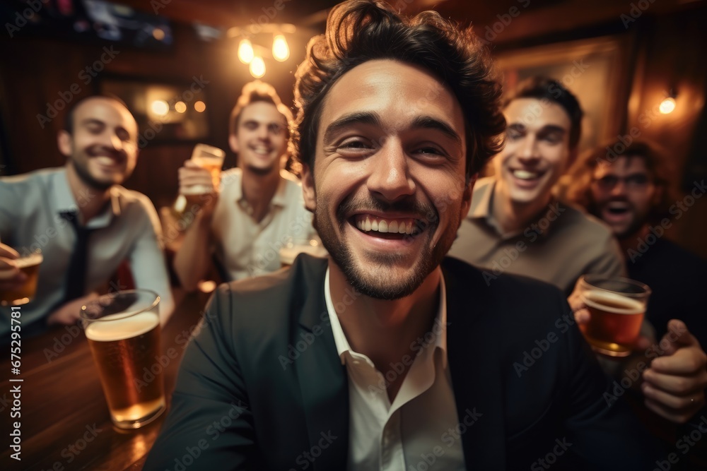Cheerful young man having fun and drinking beer at party with friends.
