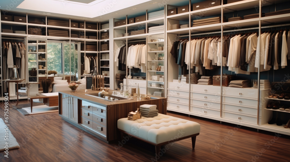 A walk-in closet with organized storage and a center island, Dressing area which full of luxury brands product and well organized.