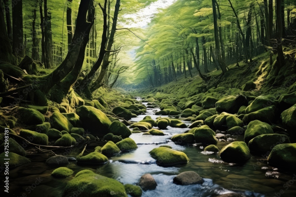 A tranquil, Moss-covered forest with a meandering stream and lush greenery.