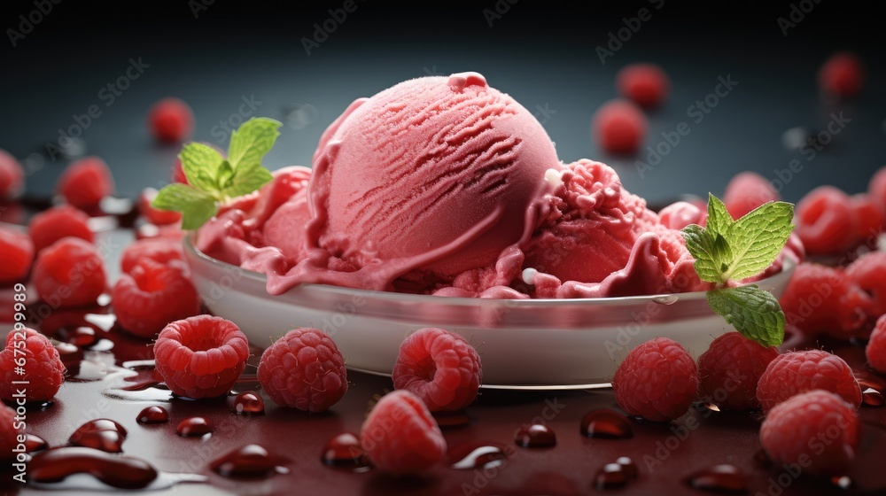 Ball of raspberry ice cream, Juicy deep red with fruits raspberry.