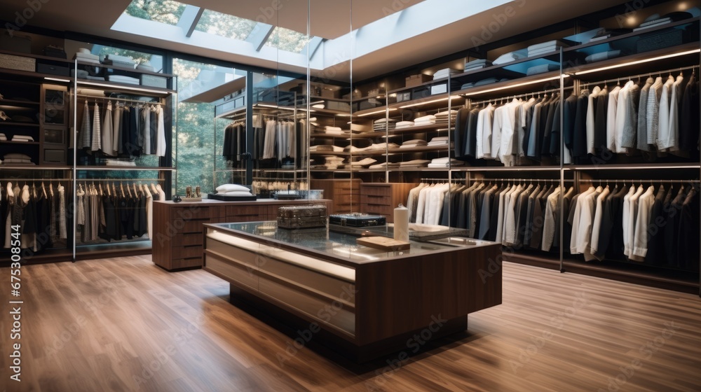 Interior design of luxury walk in closet with clothes hanging on rods, Modern custom closet.