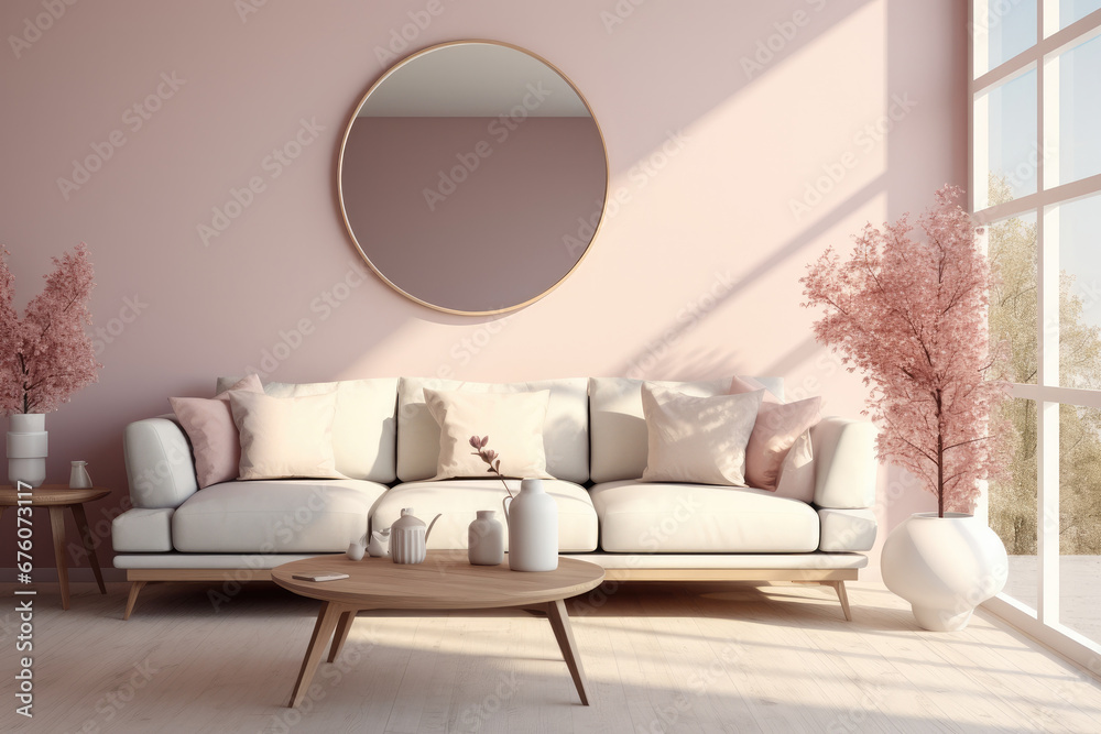 A living room render realistic warm minimalist style pale pink decoration white walls and mirror on the wall.