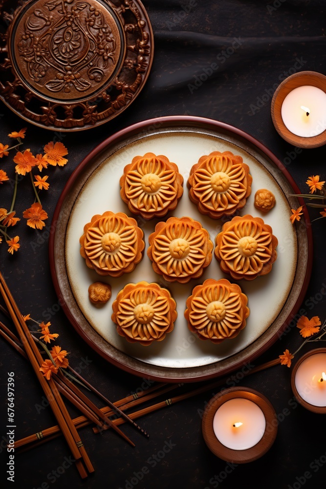 Luxurious chinese moon cakes sitting on a table background, chinese Moon cakes illustration background 