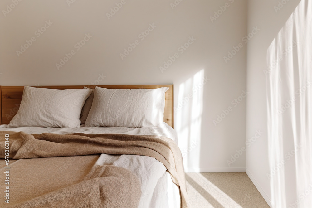 Cozy bedroom in warm colors bright morning light from the window. Interior, earth color tones	