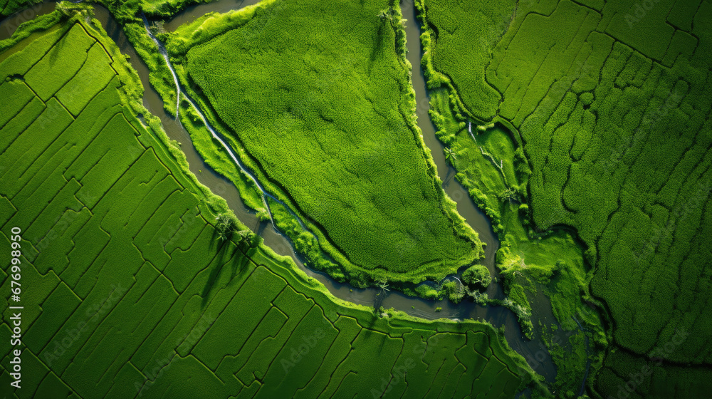 Aerial view The rice fields in the greenery The rice fields are square,green rice terraces , top view