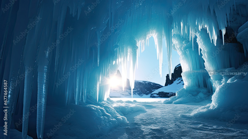 landscape with snow and icicles, Hanging icicles in ice cave in Arctic