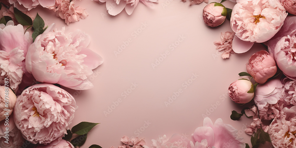 flat lay, pink peony flowers on a pink background with space for text. feminine design, flower wall.