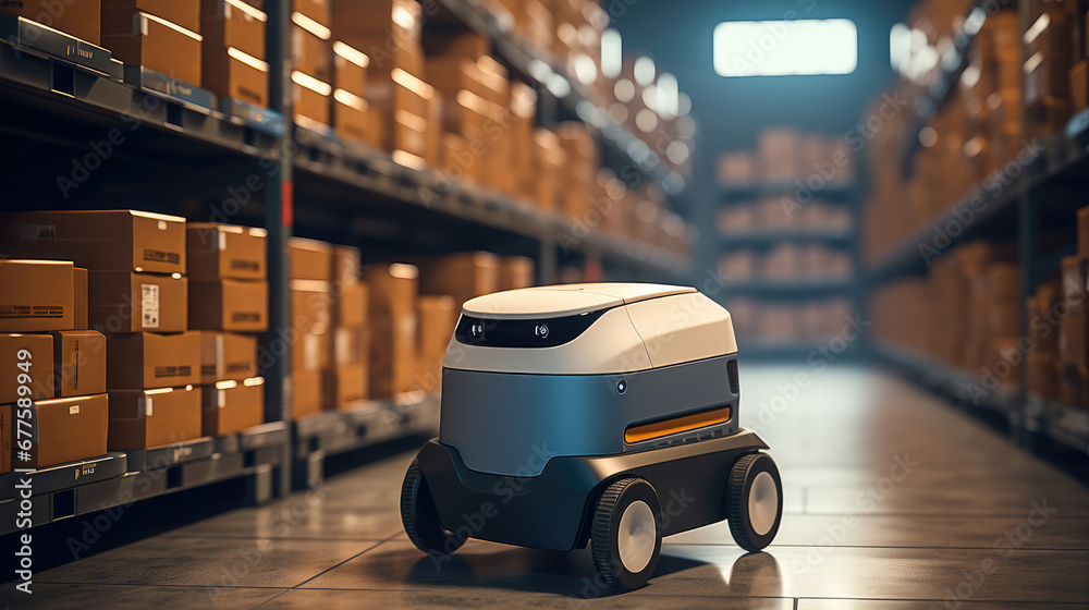 Delivery robot parked in modern warehouse with stacks of goods in shelves and waiting for transport and shipment.