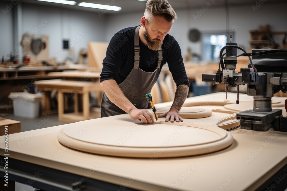 A carpenter meticulously shaping plywood into elegant furniture pieces.