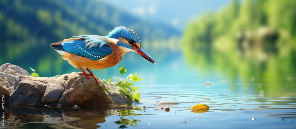 tranquil and picturesque landscape a cute bird with vibrant blue and green feathers perched near the beautiful lake savoring food from the crystal clear river with its delicate beak showcasi
