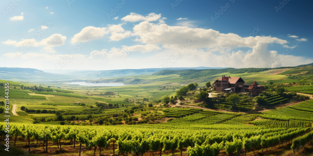 Vineyard landscape with an old winery building on a hill on a sunny day. Rows of grapes. Generative AI