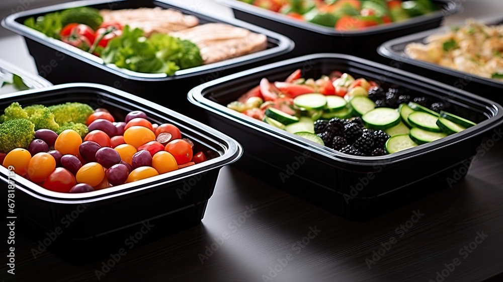 salad with vegetables n aluminium boxes,, Healthy food delivery. Fitness food. Weight loss nutrition diet. Eat right concept, healthy food, clean food